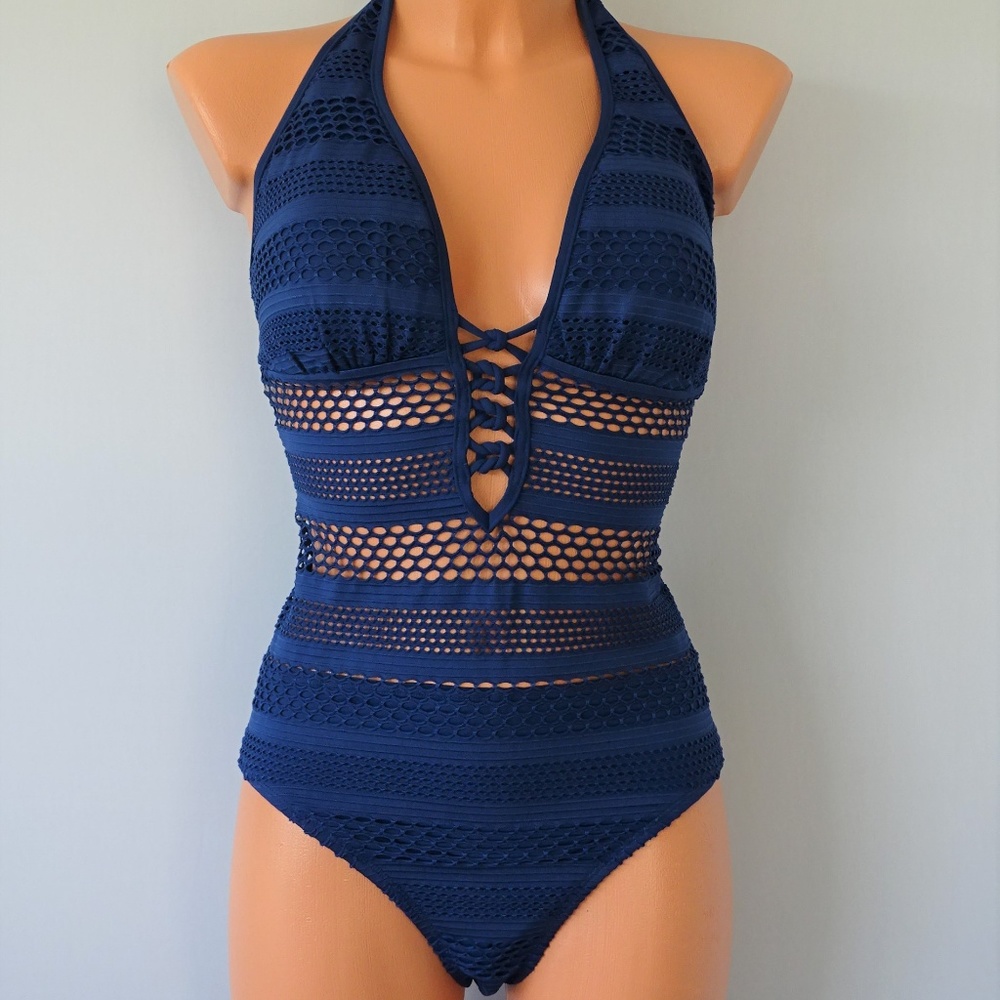 Bleu Rod Beattie 1Pc Navy Crochet Swimsuit NWT